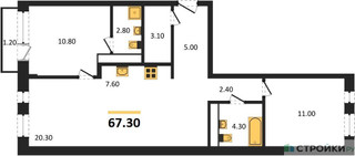 Планировка двухкомнатной(квартира) площадью 67.7 квадратных метров в “ЖК Новая Щербинка”