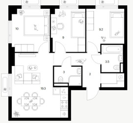 Планировка трехкомнатной(квартира) площадью 62.4 квадратных метров в ЖК “ЖК Саларьево парк”