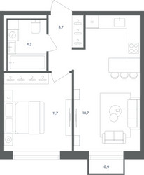 Планировка однокомнатной(квартира) площадью 38.7 квадратных метров в ЖК “ЖК Равновесие”