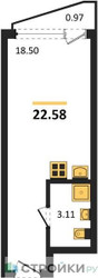 Планировка студии(квартира) площадью 22.58 квадратных метров в ЖК “ЖК Аметист”