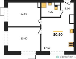 Планировка двухкомнатной(квартира) площадью 50.9 квадратных метров в “ЖК Foreville (Форевилль)”