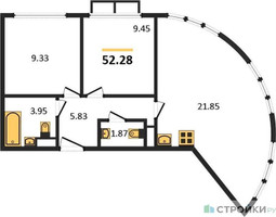 Планировка двухкомнатной(квартира) площадью 52.28 квадратных метров в “ЖК Движение. Говорово”