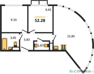 Планировка двухкомнатной(квартира) площадью 52.28 квадратных метров в ЖК “ЖК Движение. Говорово”