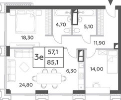 Планировка трехкомнатной(квартира) площадью 85.1 квадратных метров в “ЖК Will Towers (Вилл Тауэрс)”