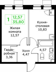 Планировка однокомнатной(квартира) площадью 35.8 квадратных метров в ЖК “ЖК КИТ 2”