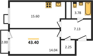 Планировка однокомнатной(квартира) площадью 43.4 квадратных метров в “ЖК Катуар”