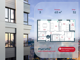 Планировка трехкомнатной(квартира) площадью 63 квадратных метров в ЖК “ЖК РУСИЧ-Кантемировский”