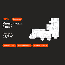 Планировка двухкомнатной(квартира) площадью 62.5 квадратных метров в ЖК “ЖК Мичуринский Парк”