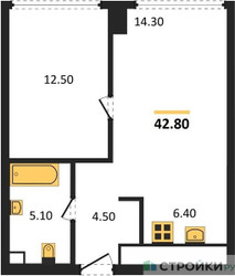 Планировка однокомнатной(квартира) площадью 42.4 квадратных метров в ЖК “ЖК River Park Кутузовский (Ривер Парк Тауэрс)”