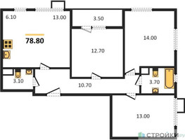 Планировка трехкомнатной(квартира) площадью 78.8 квадратных метров в “ЖК Первый Лермонтовский”