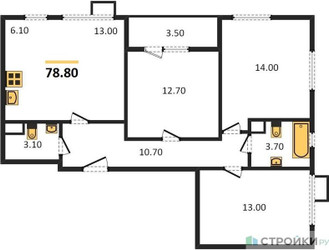 Планировка трехкомнатной(квартира) площадью 78.8 квадратных метров в “ЖК Первый Лермонтовский”