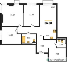 Планировка трехкомнатной(квартира) площадью 86.8 квадратных метров в “ЖК Пригород Лесное”