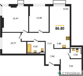 Планировка трехкомнатной(квартира) площадью 86.8 квадратных метров в ЖК “ЖК Пригород Лесное”