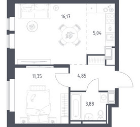 Планировка однокомнатной(квартира) площадью 41.29 квадратных метров в ЖК “ЖК Большое Путилково”