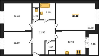 Планировка трехкомнатной(квартира) площадью 80.1 квадратных метров в “ЖК Эдельвейс (Первомайское)”
