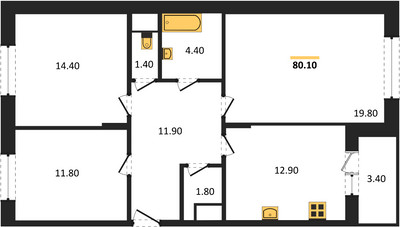 Планировка трехкомнатной(квартира) площадью 80.1 квадратных метров в ЖК “ЖК Эдельвейс (Первомайское)”