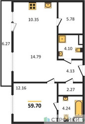 Планировка однокомнатной(квартира) площадью 59.7 квадратных метров в ЖК “Квартал Foriver”
