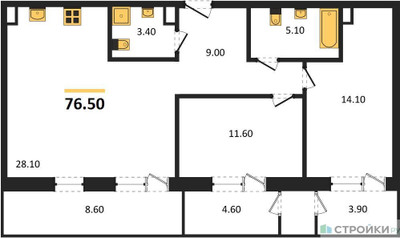 Планировка двухкомнатной(квартира) площадью 76.5 квадратных метров в ЖК “Отрада на реке”