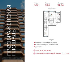 Планировка трехкомнатной(квартира) площадью 94.3 квадратных метров в “ЖК Преображенская Площадь”