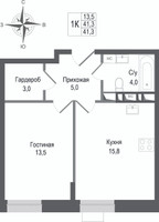 Планировка однокомнатной(квартира) площадью 41.3 квадратных метров в “ЖК КИНОКВАРТАЛ”
