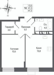 Планировка однокомнатной(квартира) площадью 41.3 квадратных метров в ЖК “ЖК КИНОКВАРТАЛ”