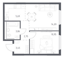 Планировка однокомнатной(квартира) площадью 40.79 квадратных метров в “ЖК Пригород Лесное”