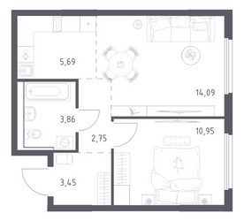 Планировка однокомнатной(квартира) площадью 40.79 квадратных метров в ЖК “ЖК Пригород Лесное”