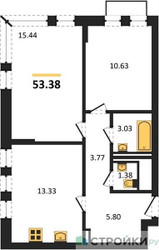 Планировка двухкомнатной(квартира) площадью 53.38 квадратных метров в ЖК “ЖК Рублевский Квартал”