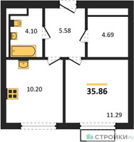 Планировка однокомнатной(квартира) площадью 35.86 квадратных метров в “ЖК Пригород Лесное”