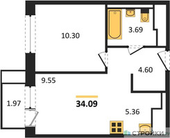 Планировка однокомнатной(квартира) площадью 34.09 квадратных метров в “ЖК Пригород Лесное”