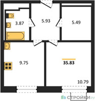 Планировка однокомнатной(квартира) площадью 35.83 квадратных метров в “ЖК Егорово Парк”