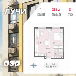 Планировка однокомнатной(квартира) площадью 36.5 квадратных метров в ЖК “ЖК Лучи”