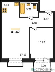 Планировка однокомнатной(квартира) площадью 41.47 квадратных метров в ЖК “ЖК Новое Внуково”