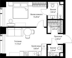 Планировка однокомнатной(квартира) площадью 43.66 квадратных метров в “ЖК Веер”