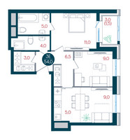 Планировка трехкомнатной(квартира) площадью 54 квадратных метров в “ЖК РУСИЧ-Кантемировский”