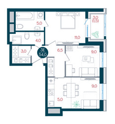 Планировка трехкомнатной(квартира) площадью 54 квадратных метров в ЖК “ЖК РУСИЧ-Кантемировский”