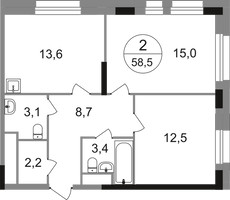 Планировка двухкомнатной(квартира) площадью 58.5 квадратных метров в “ЖК Первый Московский”