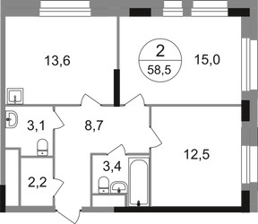 Планировка двухкомнатной(квартира) площадью 58.5 квадратных метров в ЖК “ЖК Первый Московский”