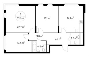 Планировка трехкомнатной(квартира) площадью 91.6 квадратных метров в “ЖК Переделкино Ближнее”
