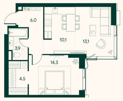 Планировка однокомнатной(квартира) площадью 52.5 квадратных метров в “ЖК Клубный город на реке Primavera (Примавера)”
