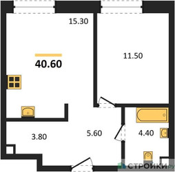Планировка однокомнатной(квартира) площадью 40.6 квадратных метров в ЖК “ЖК Шагал”