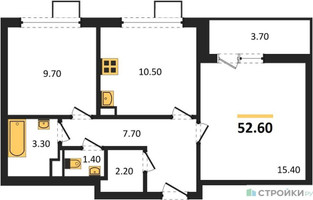 Планировка двухкомнатной(квартира) площадью 52.6 квадратных метров в “ЖК 1-й Донской (Первый Донской)”