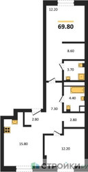 Планировка двухкомнатной(квартира) площадью 69.8 квадратных метров в ЖК “ЖК Детали”