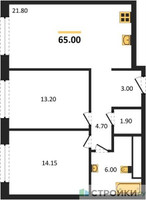 Планировка двухкомнатной(квартира) площадью 65 квадратных метров в “ЖК Shagal (Шагал)”
