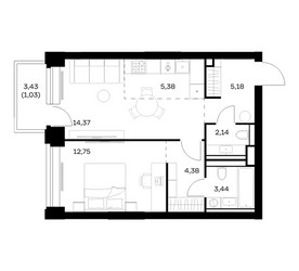 Планировка однокомнатной(квартира) площадью 48.67 квадратных метров в ЖК “ЖК НОВА”