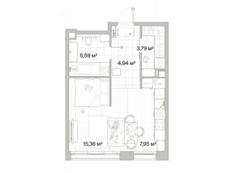 Планировка однокомнатной(квартира) площадью 37.63 квадратных метров в ЖК “Архитектурный проект Мыс”