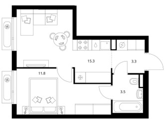 Планировка однокомнатной(квартира) площадью 33.9 квадратных метров в ЖК “ЖК Зеленый парк”