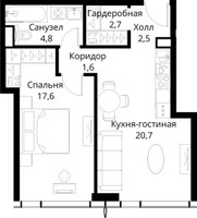 Планировка однокомнатной(квартира) площадью 49.9 квадратных метров в “ЖК Сити Бэй”