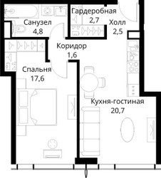 Планировка однокомнатной(квартира) площадью 49.9 квадратных метров в ЖК “ЖК Сити Бэй”