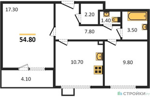 Планировка двухкомнатной(квартира) площадью 54.8 квадратных метров в “ЖК Первый Лермонтовский”